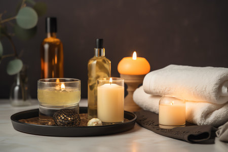 Spa still life with burning candles, towels and essential oil on tableの素材