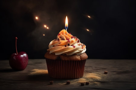 Birthday cupcake with burning candle on wooden table and black backgroundの素材