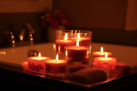 Burning candles in bathroom, closeup. Valentine's day conceptの素材