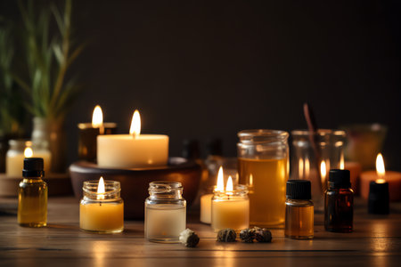 Spa still life with burning candles and essential oil on wooden tableの素材