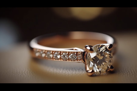 Golden ring with a diamond on a black background, close-upの素材