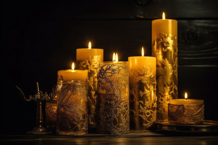 Burning candles on dark wooden background. Shallow depth of field.の素材