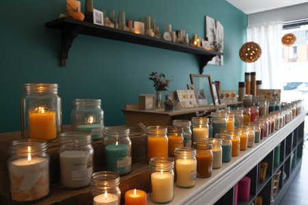 Candles on shelf in modern spa salon, closeup. Space for textの素材