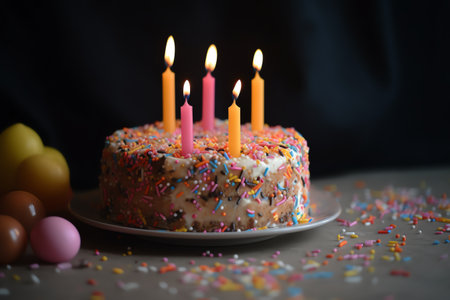 Birthday cake with candles and colorful eggs on dark background, closeupの素材