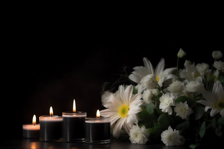 Burning candles and bouquet of white flowers on black background.の素材