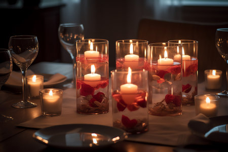 Romantic dinner table setting with burning candles and rose petals. Selective focus.の素材