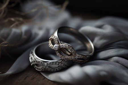 wedding rings on the background of a silk fabric and laceの素材