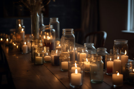 Candles in glass bottles on a wooden table in a dark roomの素材