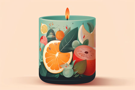 Candle with citrus fruits and leaves. Vector illustration in cartoon style.の素材