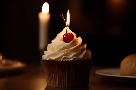 Birthday cupcake with cherry on top and burning candle on dark backgroundの素材