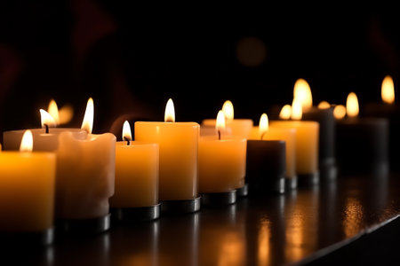 Burning candles on black background, closeup. Space for textの素材