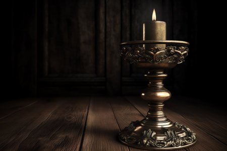 Candle in a candlestick on a wooden background. Vintage style.の素材