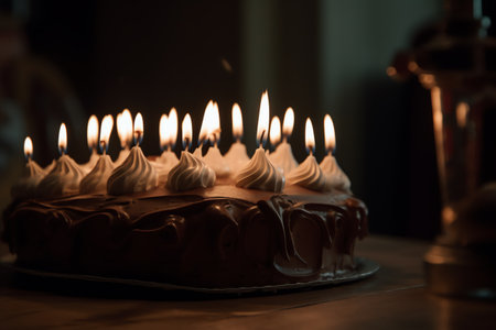 Birthday cake with burning candles on table in dark room, closeupの素材
