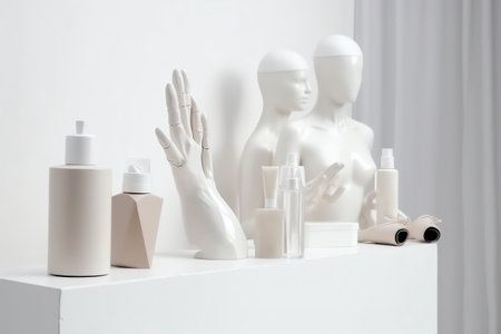 White plastic mannequins with cosmetic products on a white shelfの素材