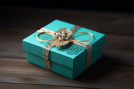 Turquoise gift box with gold ribbon on a wooden background.の素材