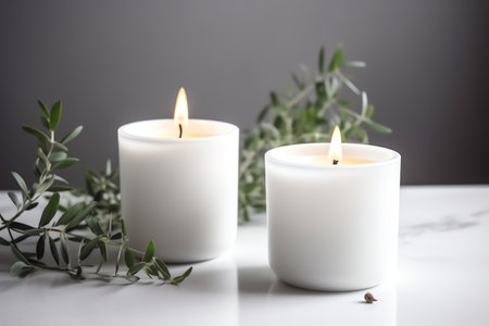 Two burning candles and eucalyptus branches on a white tableの素材