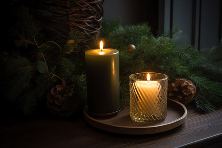 Christmas candles on a wooden table with fir branches and pine cones.の素材