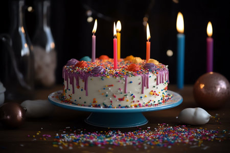 Birthday cake with burning candles on wooden table. Selective focusの素材
