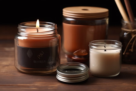 Glass jars with wax candles on wooden table, closeup. Space for textの素材