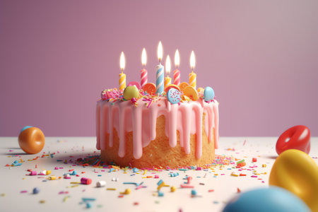 Birthday cake with candles and colorful eggs on a pink background.の素材