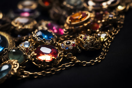 jewelry and luxury concept - close up of jewellery on black backgroundの素材