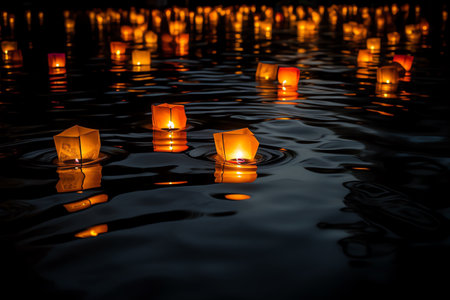 Candle light floating on the water during Loy Krathong festival.の素材