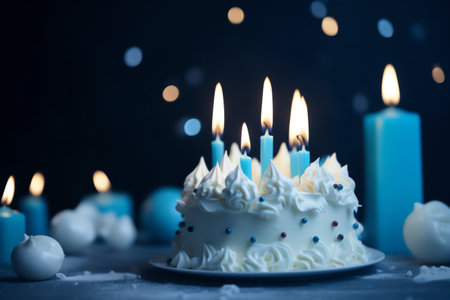 Birthday cake with burning candles on dark blue background, closeupの素材