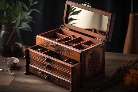 Wooden box for jewelry on a wooden table in a dark roomの素材