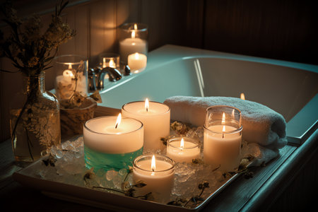 Spa still life with burning candles in a bathtub and candlesの素材