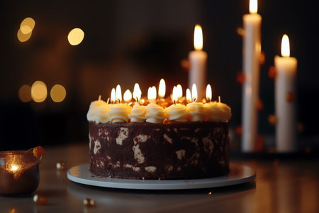 Delicious birthday cake with burning candles on table in room, closeupの素材