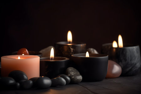 Spa still life with candles, stones and pebbles on dark backgroundの素材