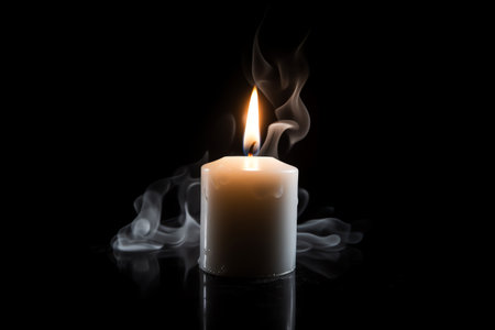 Burning candle on a black background with smoke in a dark roomの素材