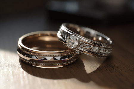 wedding rings on a wooden table, shallow depth of fieldの素材