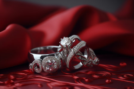 Wedding rings on red satin background. Wedding concept.の素材