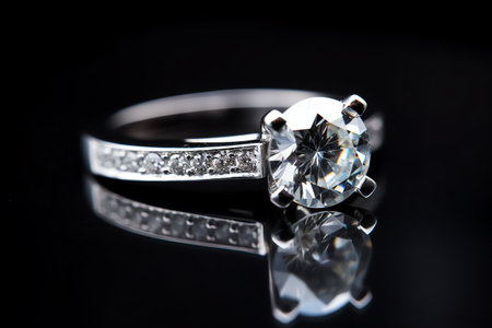 Jewelry diamond ring on a black background with reflection and shadowの素材