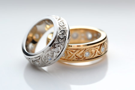 wedding rings with diamonds on a white background, close-upの素材