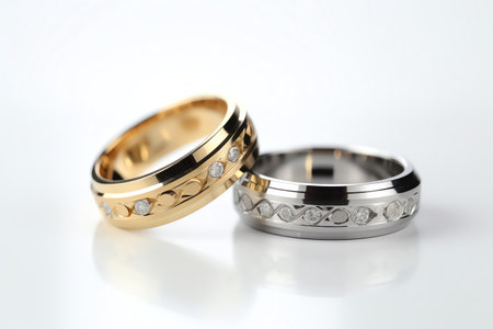 Wedding rings on a white background. Wedding rings with diamondsの素材