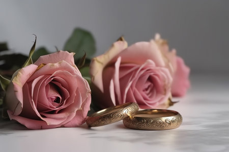 Wedding rings and pink roses on a white background. Selective focus.の素材