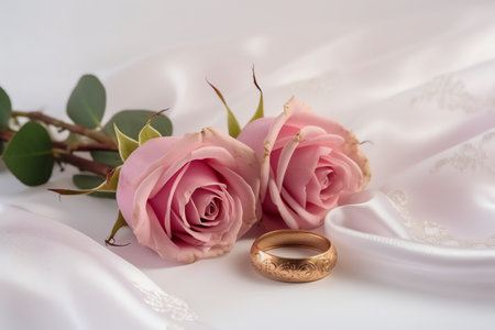Wedding rings and pink roses on a white satin backgroundの素材