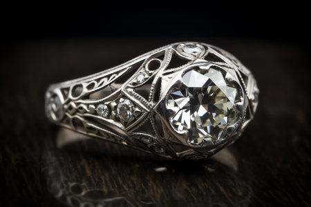 Jewelry diamond ring on a dark background. Close up.の素材