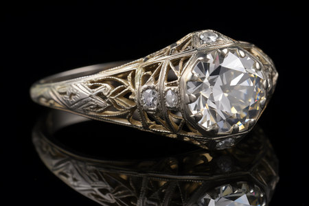 Jewelry diamond ring on a black background close-up.の素材