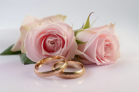 Wedding rings and pink roses on white background, close upの素材