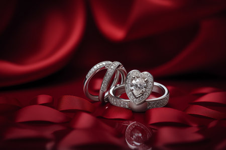 Wedding rings on red satin background. Studio shot.の素材