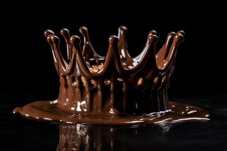 Chocolate Liquid Crown Splashes On Black With Ripples. Generative AIの素材