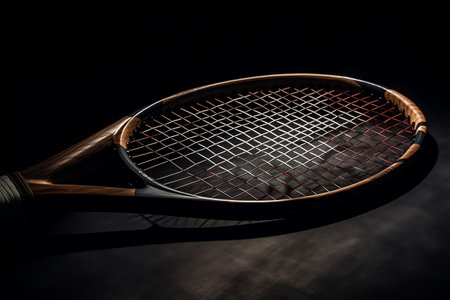 Tennis racket on a black background, close-up, selective focusの素材