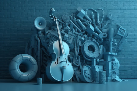 3D illustration of a wall with a blue musical instrument. Generative AIの素材