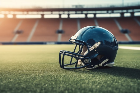American football helmet on stadium field background. Generative AIの素材