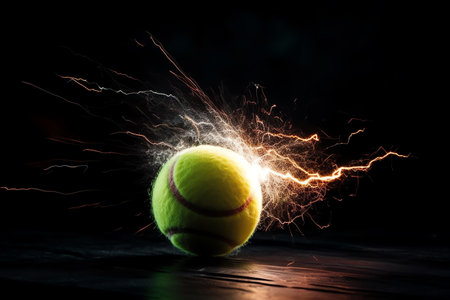 A tennis ball hit at high speed with lightning power and a bright background image. Generative AIの素材