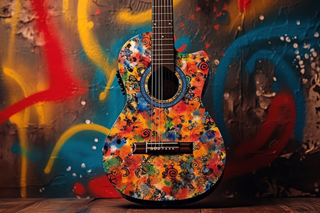 A guitar rests in the background of an image featuring a colorfully painted musical instrument decorated with music notes. Generative AIの素材