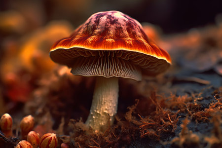 A vividly colorful, close up shot of psilocybin, the magic mushroom. Generative AIの素材
